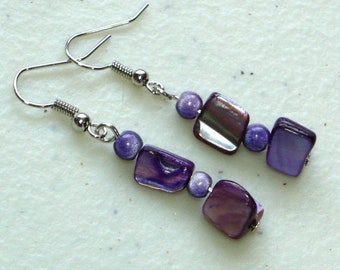 Violet & Lilac Minimalist Earrings: Woman's Drop Earrings, Purple Shell Chips, Nickle-Free Ear Wires, Lightweight Earrings Handmade for You