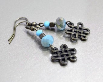 Aqua & Bronze Dangle Earrings: Infinity Knot Earrings, Rustic Drop Earrings, Nickle-Free Ear Wires, Handmade in the USA, Ready to Ship