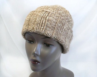 Tan Watchcap or Slouchy Beanie: Hand Knit Hat, Size S, Teen or Small Adult Fit, Chunky Knit Winter Ski Hat, Handmade in USA, Ready to Ship