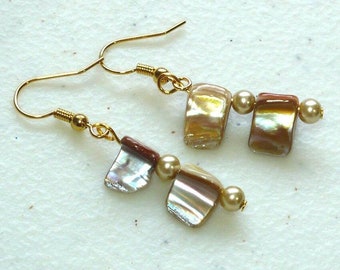 Golden Shell Earrings: Woman's Drop Earrings with Natural Shell & Glass Beads, Nickle-Free Ear Wires, Handmade Jewelry Gifts, Read to Ship