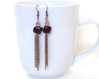 Boho Chain Fringe Earrings: Red Quartzite Dangle Earrings on Nickle-Free Ear Wires