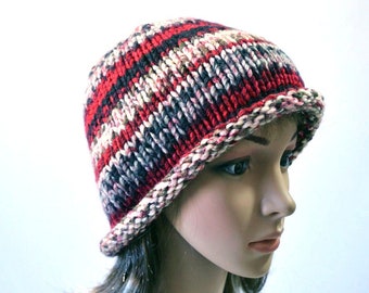 Hand Knit Striped Beanie; Winter Hat with Red, Gray, Black & White Stripes, Rolled Brim Hat, Retro Bowler Hat, Handmade in the USA