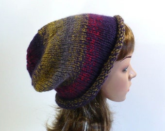 Striped Bucket Hat: Purple, Brown & Red Rolled Brim Hat, Hand Knit Slouchy Hat, Cozy Beanie Handmade in the USA, Ready to Ship