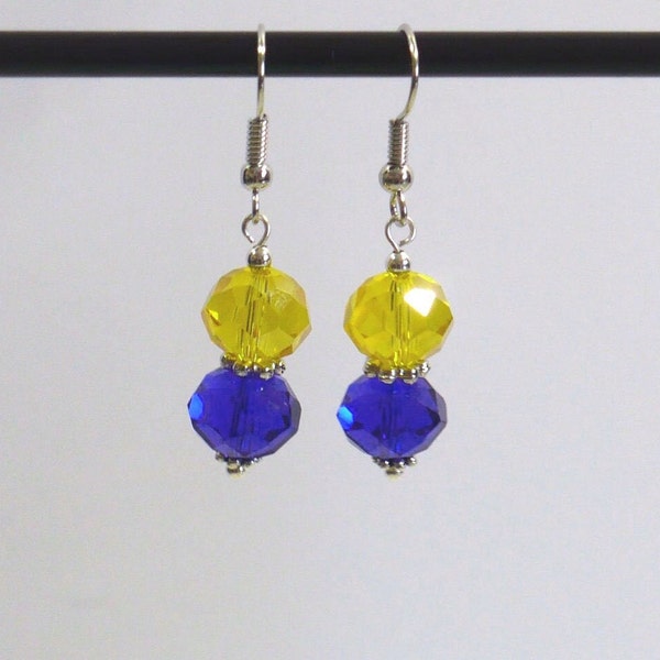 Blue & Yellow Earrings: Sparkling Team Colors Drop Earrings on Nickle-Free Silver Plated Ear Wires, Handmade in the USA, Ready to Ship