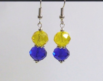 Blue & Yellow Earrings: Sparkling Team Colors Drop Earrings on Nickle-Free Silver Plated Ear Wires, Handmade in the USA, Ready to Ship
