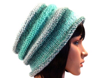 Hand Knit Mint Green Beanie: Rolled Brim Beehive Hat, Adult Size M/L, Handmade in the USA, Ready to Ship