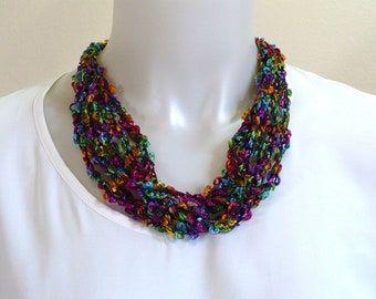 Handmade Ladder Yarn Necklace in Tropical Colors: Bouclé Fiber Necklace, Crochet Jewelry,  Adjustable Multicolor Necklace, Ready to Ship