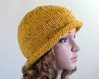 Golden Tweed Hat: Woman's Rolled Brim Hat, Hand Knit Retro Cloche; Mustard Yellow, Size S/M Fit, Spring & Fall Fashion Knits, Ready to Ship