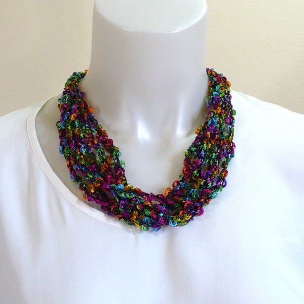 Handmade Ladder Yarn Necklace in Tropical Colors: Bouclé Fiber Necklace, Crochet Jewelry,  Adjustable Multicolor Necklace, Ready to Ship