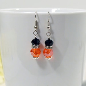 Orange & Black Dangle Earrings; Sparkling Glass Earrings, Nickle-Free Ear Wires, Handmade in the USA, Small Gifts for Her, Team Colors