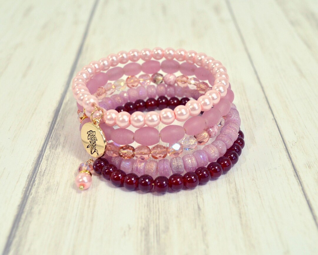 Pink Wrap Bracelet Woman's Memory Wire Wrap Bracelet, Stacked Pink and