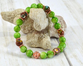 Lime Green & Rose Gold Bracelet: Dyed Shell and Goldstone Beads, Colorful Handmade Stretch Bracelet, Made to Order