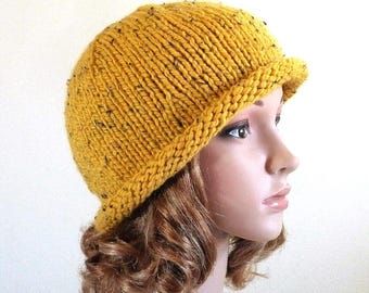 Golden Tweed Hat: Woman's Rolled Brim Hat, Hand Knit Retro Cloche; Mustard Yellow, Size S/M Fit, Spring & Fall Fashion Knits, Ready to Ship