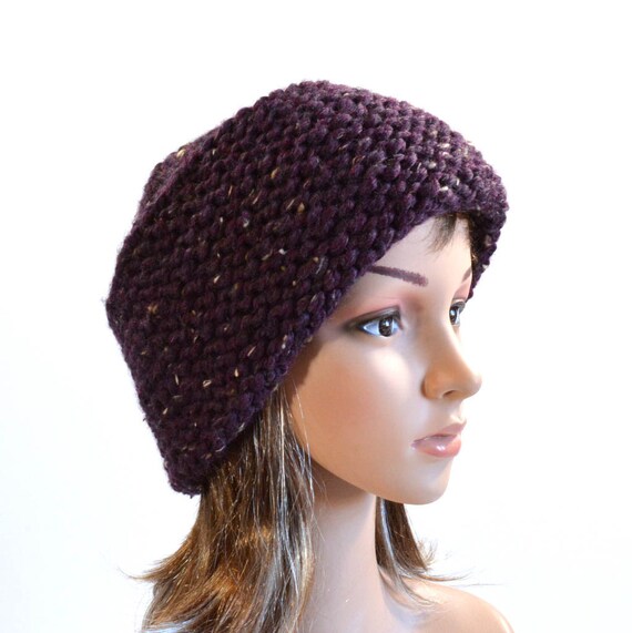 Hand Knit Winter Hat in Deep Purple 