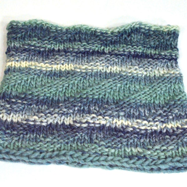 Warm Hand Knit Cowl: Soft Neck Warmer in Aqua, Teal, & Blue Tones, Seafoam Colors Chunky Knit Cowl, Seamless Knit, Handmade in the USA