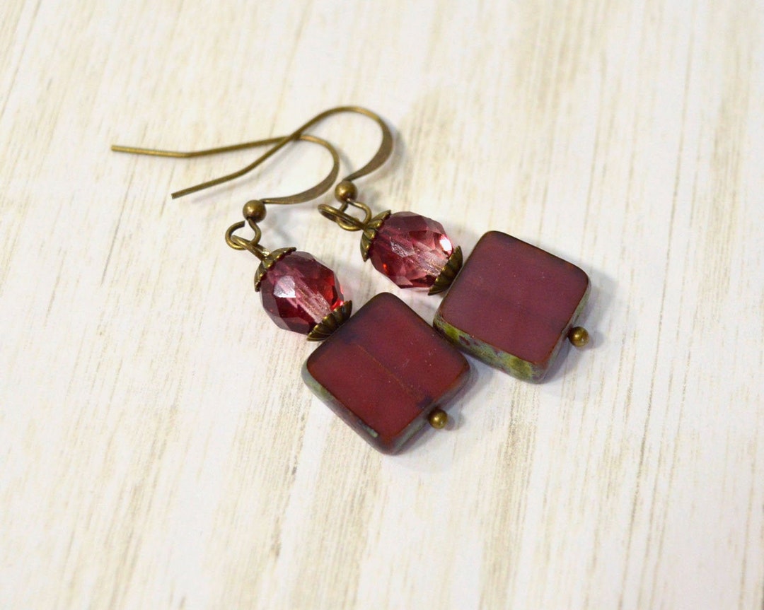 Ruby Red Drop Earrings Czech Picasso Bead Earrings on - Etsy