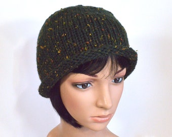 Hand Knit Bowler Hat, Dark Green Tweed Rolled Brim Hat, Bucket Style Cloche Hat, Size S, Handmade in the USA, Ready to Ship