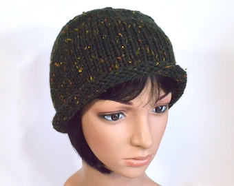 Dark Green Tweed Bowler: Rolled Brim Bucket Style Hat, Size S, Handmade in the USA, Ready to Ship