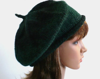 Green & Black Beret: Hand Knit Slouchy Tam, Soft Wool Blend Striped Hat, Size S/M, Unisex, Handmade in the USA, Ready to Ship