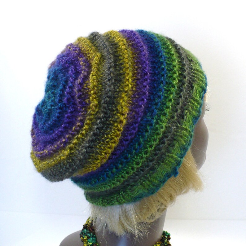 Ready to Ship Vegan Hat Woman/'s Slouchy Hat Green Striped Beanie; Green Blue and Purple Hand Knit Hat Striped Knit Hat
