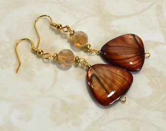 Brown Striped Earrings: Natural Shell & Glass Beads, Modern Dangle Earrings on Nickle-Free Ear Wires, Gifts for Her, Handmade in the USA
