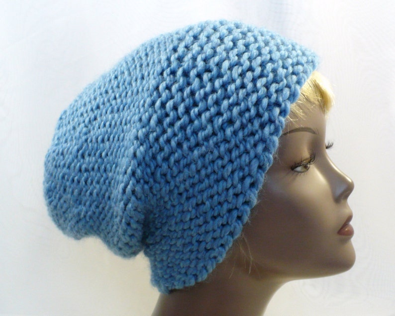 Sky Blue Warm Winter Beanie: Cossack Style Hat, Hand Knit Chunky Wool Blend, Adult Hat Size S/M, Handmade in the USA, Ready to Ship image 4