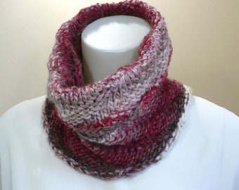 Red & Brown Hand Knit Cowl: Warm Neck Warmer, Soft Swirly Chunky Knit Cowl, Seamless Knit, Handmade in the USA, Ready to Ship