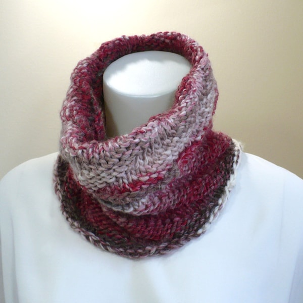 Red & Brown Hand Knit Cowl: Warm Neck Warmer, Soft Swirly Chunky Knit Cowl, Seamless Knit, Handmade in the USA, Ready to Ship