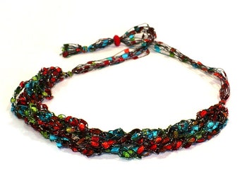 Aqua Green Orange & Brown Ladder Yarn Necklace: Handmade Ribbon Necklace, Adjustable Necklace, Sparkly Fiber Necklace, Crochet Choker