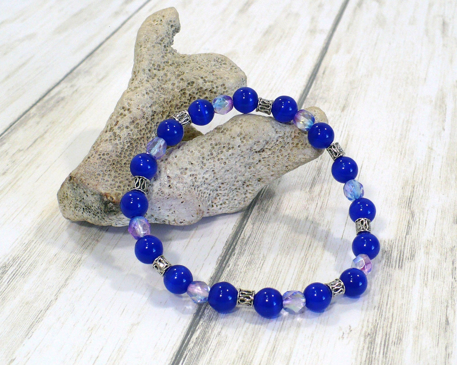 Royal Blue Cat's Eye Bracelet with Czech Beads and Silver Etsy