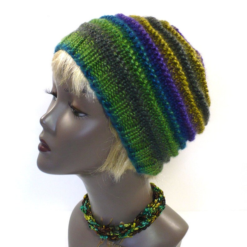 Ready to Ship Vegan Hat Woman/'s Slouchy Hat Green Striped Beanie; Green Blue and Purple Hand Knit Hat Striped Knit Hat