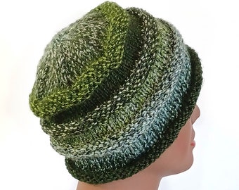 Hand Knit Green Beanie: Leafy Green Striped Beehive Hat, Roll Brim Accordion Hat, Adult Size M/L, Handmade in the USA, Ready to Ship