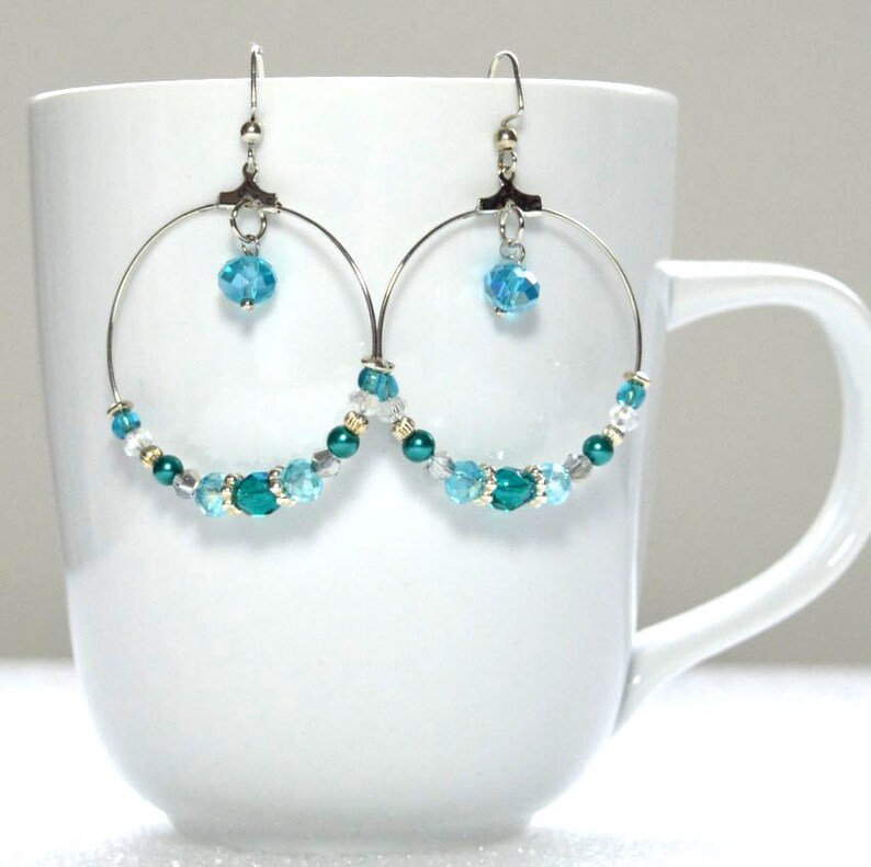 Aqua & Teal Hoop Earrings Extra Large Hoop Earrings Beaded Etsy