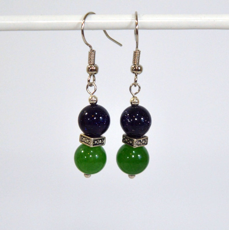 Navy & Kelly Green Earrings: Aventurine and Dark Blue Goldstone Drop Earrings, Nickle Free Ear Wires, Handmade in the USA, Ready to Ship image 4