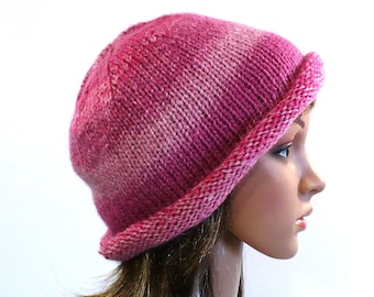 Pink Slouchy Hat: Hand Knit Rolled Brim Hat, Pink Striped Beanie, Think Pink Hat, Handmade in the USA, Ready to Ship