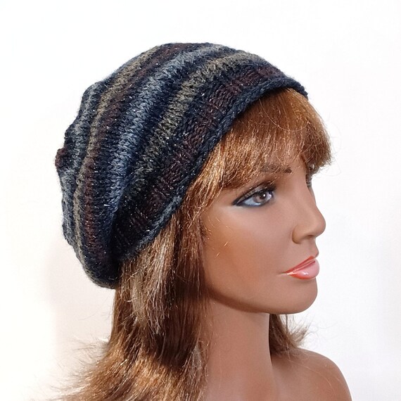 Hand Knit Black Beret Striped Beret With Metallic Sparkles