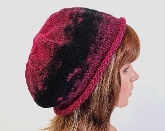 Black Raspberry Beret: Hand Knit Slouchy Tam, Hot Pink & Black Striped Beret, Cozy Slouch Hat, Fits Size S/M, Handmade, Ready to Ship