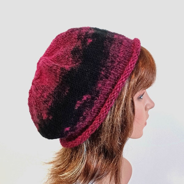 Black Raspberry Beret: Hand Knit Slouchy Tam, Hot Pink & Black Striped Beret, Cozy Slouch Hat, Fits Size S/M, Handmade, Ready to Ship