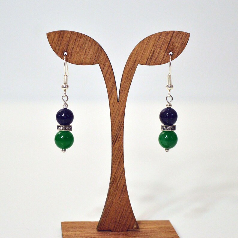 Navy & Kelly Green Earrings: Aventurine and Dark Blue Goldstone Drop Earrings, Nickle Free Ear Wires, Handmade in the USA, Ready to Ship image 2