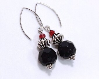 Bold Black & Silver Dangle Earrings: Contemporary Faceted Glass Earrings on Nickle-Free Marquise Ear Wires, Handmade in the USA