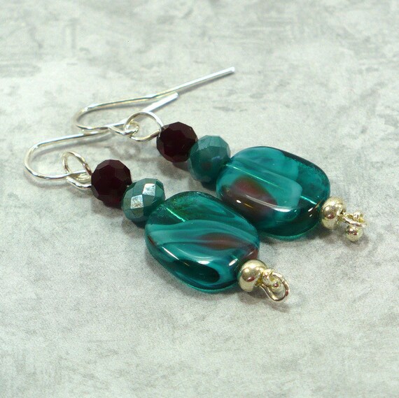 Teal & Aqua Glass Tile Earrings Czech Glass Beaded Drop Etsy