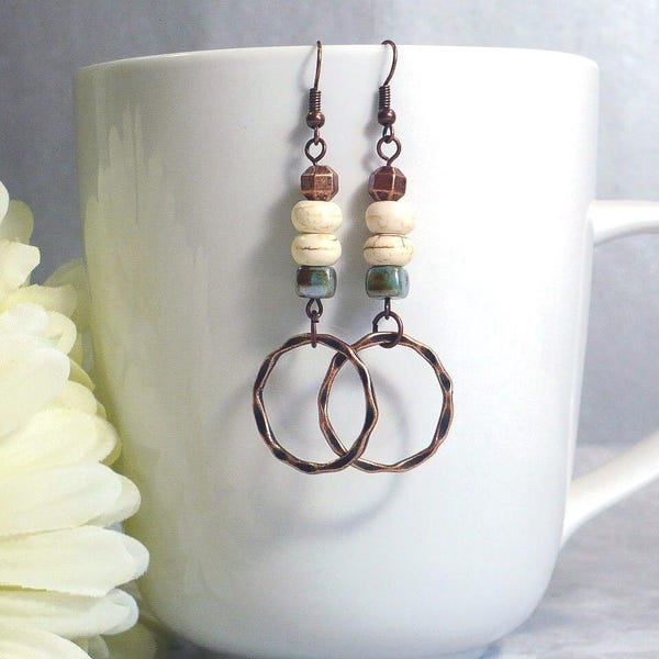 Rustic Boho Earrings: Howlite Earrings with Copper Ring Dangles, Woman's Earrings, Nickle-Free Ear Wires, Handmade Jewelry, Gifts for Her