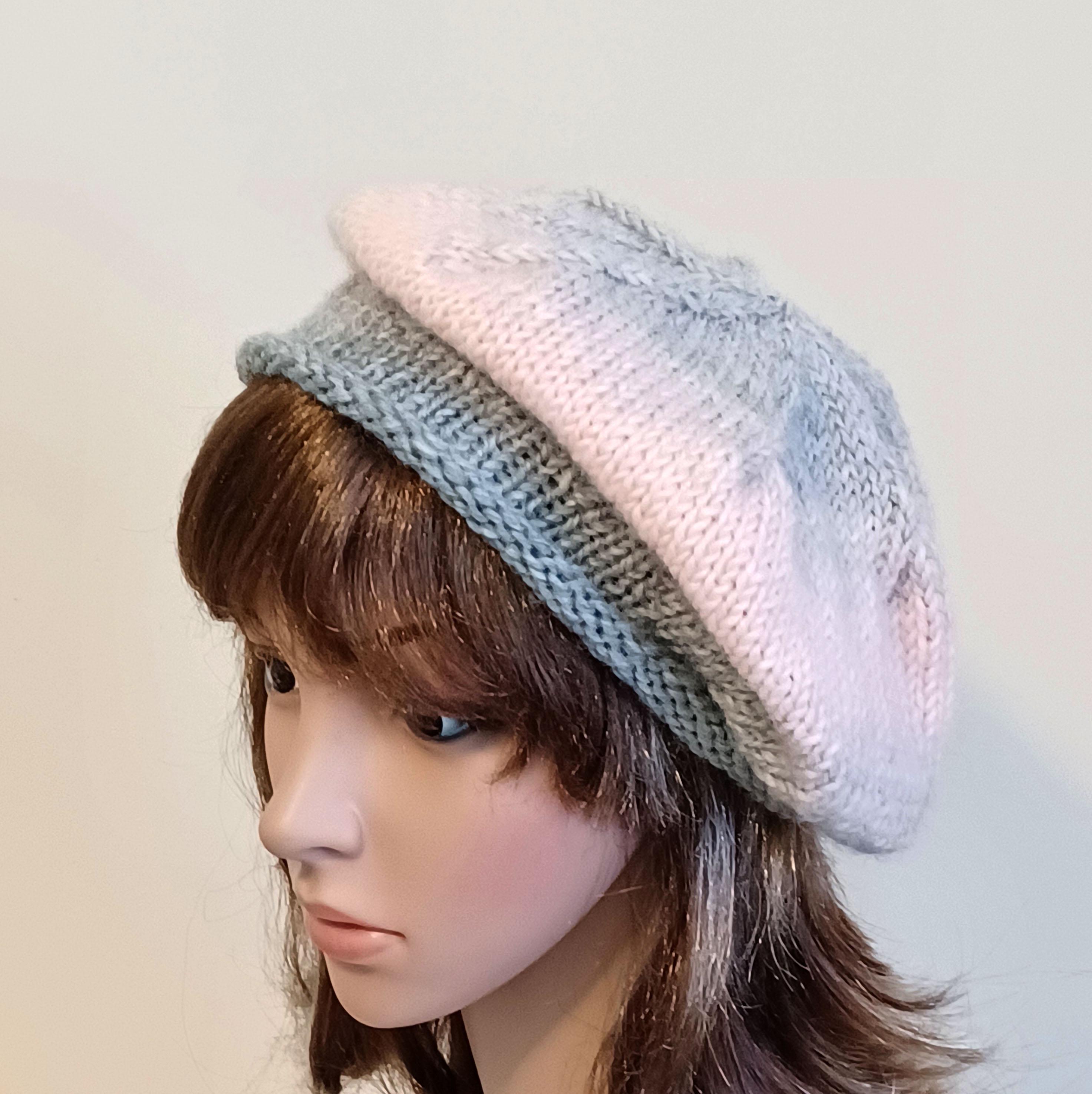 Pink and Gray Beret: Hand Knit Extra Slouchy Tam, Petal Pink 