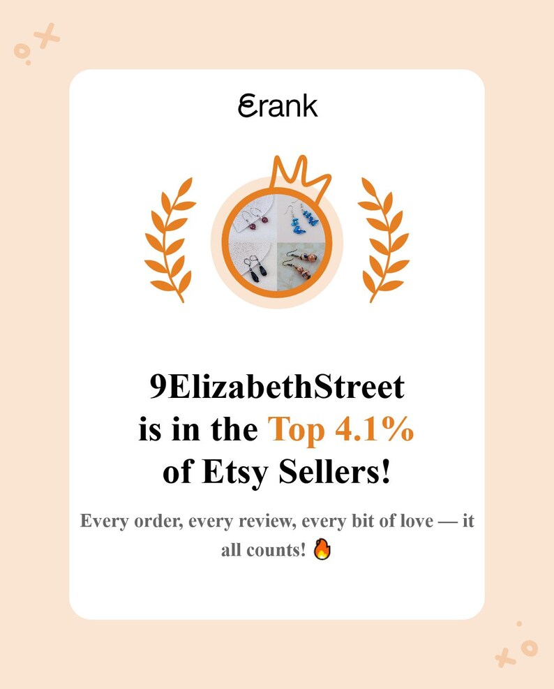 May include: A rectangular graphic featuring the text Erank at the top, followed by an orange crown icon above a circular collage of four pairs of earrings. Below this, the text 9ElizabethStreet is in the Top 4.1% of Etsy Sellers! is displayed, with the final line reading Every order, every review, every bit of love &mdash; it all counts! with a fire emoji.