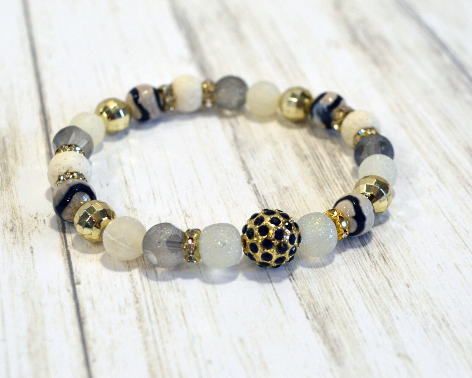 White Black & Gold Bracelet Sparkling Stretch Bracelet With | Etsy