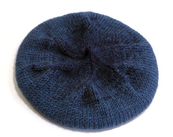 Hand Knit Blue Beret: Subtle Tonally Striped Hat, Slouchy Tam Size S/M, Handmade in the USA, Ready to Ship