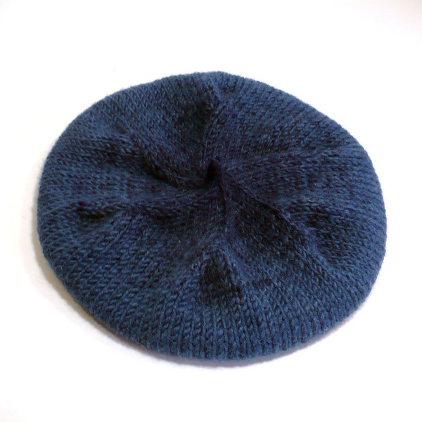 Hand Knit Blue Beret, Slouchy Tam, Subtle Tonal Striped Hat, Slouchy Beret Size S/M, Handmade in the USA, Ready to Ship