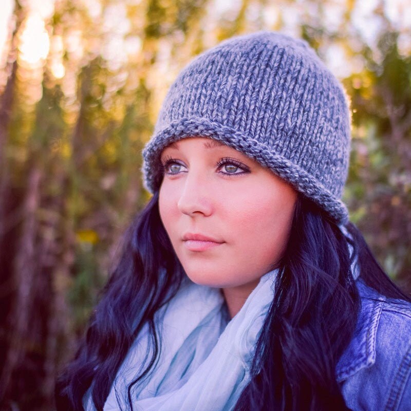 Gray Rolled Brim Hat Hand Knit Hat 