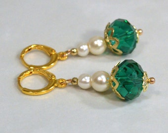 Green & Gold Drop Earrings: Elegant Green Earrings with Glass Pearl Accents, Nickle-Free Round Lever-Back Ear Wires, Handmade in USA