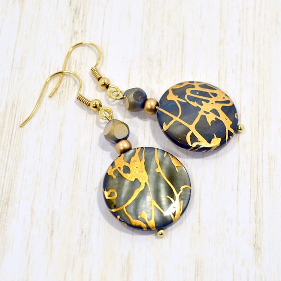 Green & Gold Earrings: Abstract Painted Shell Drop Earrings, Nickle-Free Fishhook Ear Wires, Handmade Fashion Jewelry, Ready to Ship